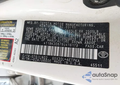 2011 Toyota Avalon Limited из США, поврежденный, VIN 4T1BK3DB7BU416179